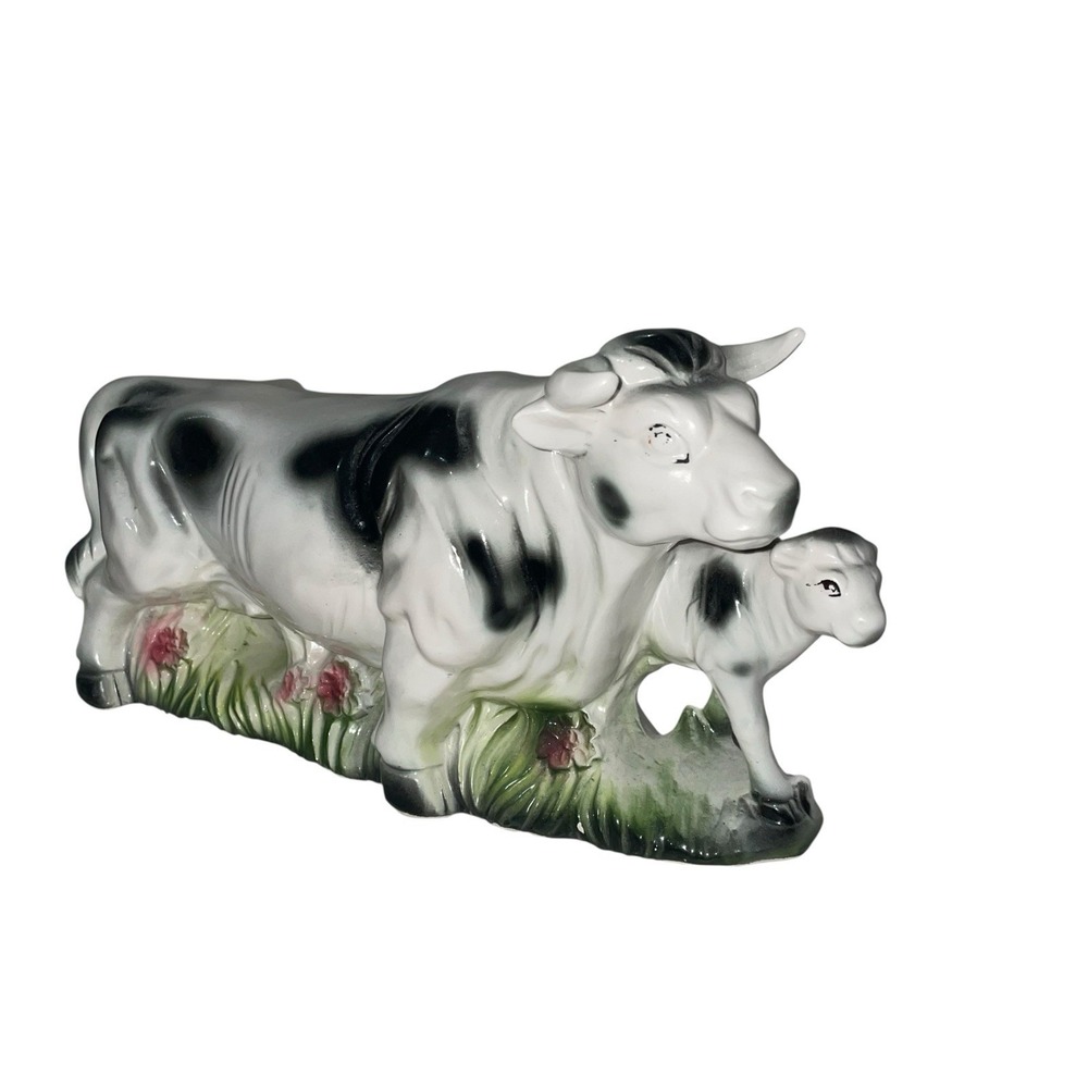 Vintage Japan Cow & Calf Ceramic Figurine Black White Farmhouse Decor